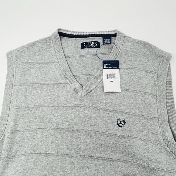 Chaps Mens XL Heather Gray 100% Cotton Sleeveless Sweater Golf Vest Logo NWT - Picture 1 of 10